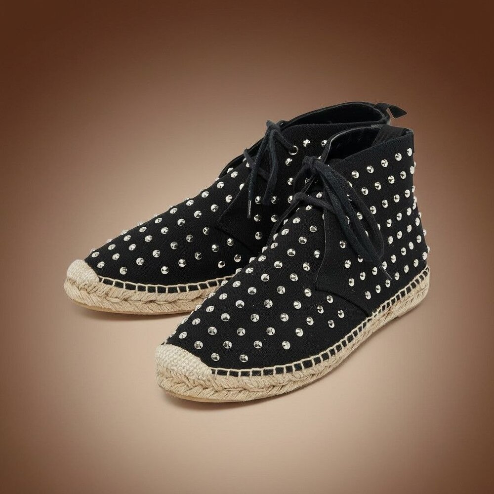 Saint Laurent Paris Canvas Studded Espadrille Ankle Booties Size 7 Black - NEW N